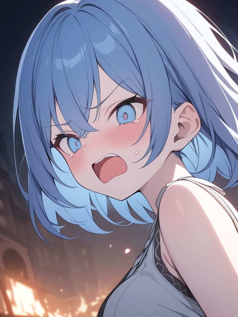  light blue hair, light blue eye, bob hair, darkness, hatred, angry crying, night, the end of the world, the edge of despair, shouting, masterpiece, best quality,8k,ultra detailed,high resolution,an extremely delicate and beautiful,hyper detail