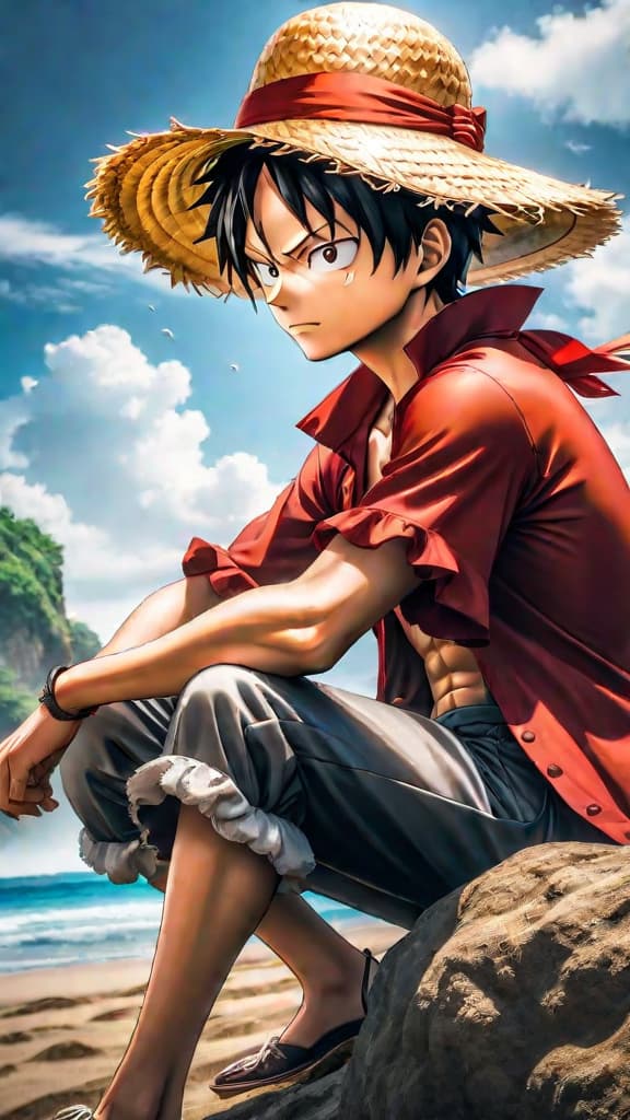  anime art: luffy receives shanks' legacy with the iconic straw hat symbolizing hope and promise. hyperrealistic, full body, detailed clothing, highly detailed, cinematic lighting, stunningly beautiful, intricate, sharp focus, f/1. 8, 85mm, (centered image composition), (professionally color graded), ((bright soft diffused light)), volumetric fog, trending on instagram, trending on tumblr, HDR 4K, 8K