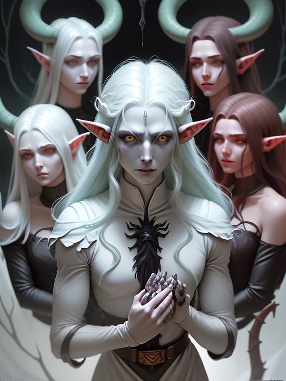  elf from the enclosed varhammer 40000, in a white outfit, hair is collected in a tail, hair color is black, brown eyes, hands are behind, the elf looks from high, dark , creepy , blood , monsters , by jason engle , carlos huante , charlie bowater , simon lee , brom