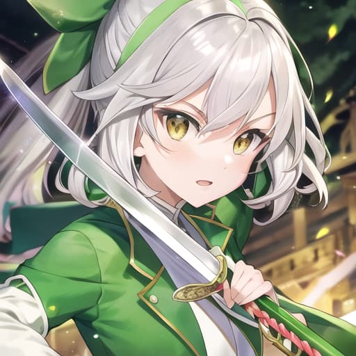  master piece , best quality,yomu konpakuto yomu face, white hair, green clothes, hair band, ribbon, two swords, .