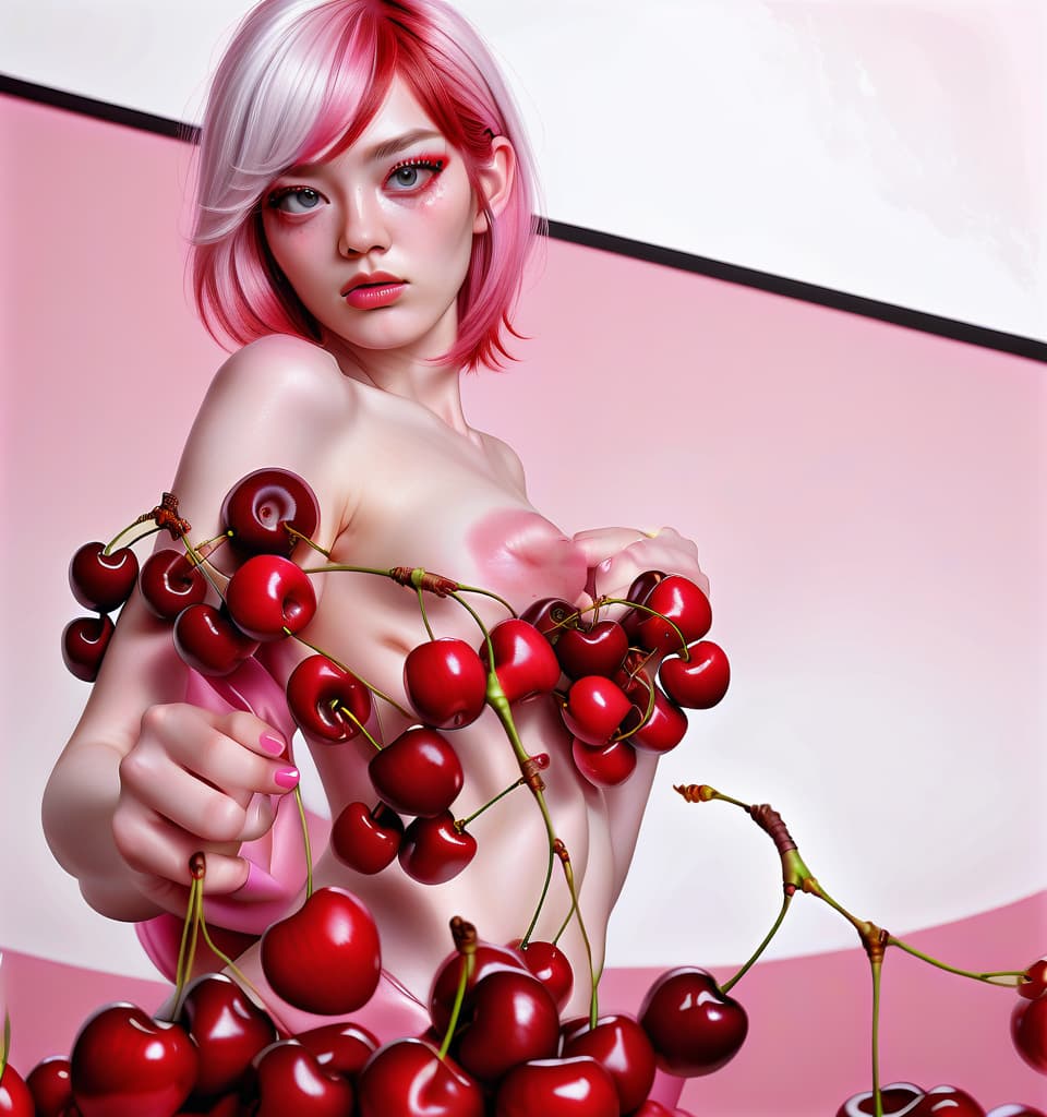  hyperrealistic art in a red , white hair, pink background, cherry nches. . extremely high resolution details, photographic, realism pushed to extreme, fine texture, incredibly lifelike, perfecteyes, hkmagic