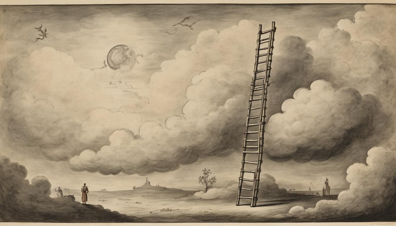  on parchment, surrealism++, a ladder extending into the clouds, each step inscribed with insults, figure climbing ladder, ascension(mysterious, provocative, symbolic)++