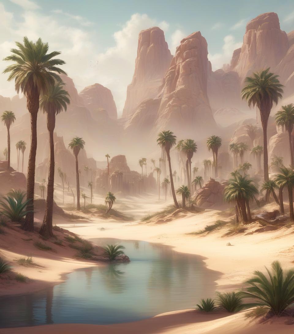  concept art desert oasis in the middle of the desert, beautiful water, desert palm trees, fantasy, realistic . digital artwork, illustrative, painterly, matte painting, highly detailed