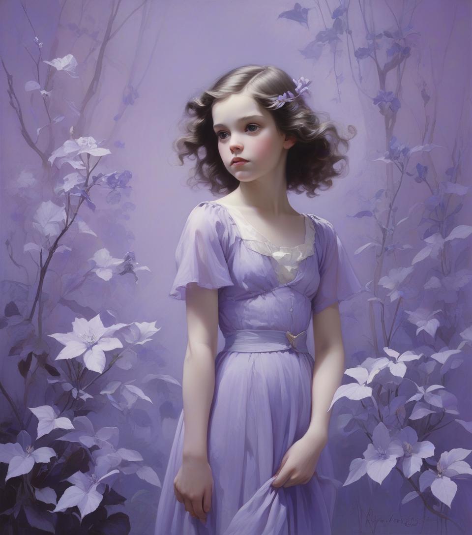  subject: artists: mann, gammell, kley, goldin, gerome, quentin blake, gibson, anne bachelier, alberto vargas, bouguereau, n.c. wyeth, rockwell, parrish, dan seagrave, hopper style: color palette: lilac, lavender, periwinkle techniques: details: idyllic, innocence, cinematic, painting, photo, portrait photography, conceptual art, illustration