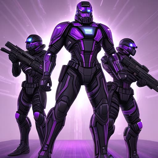  sci fi, black and purple super soldiers,