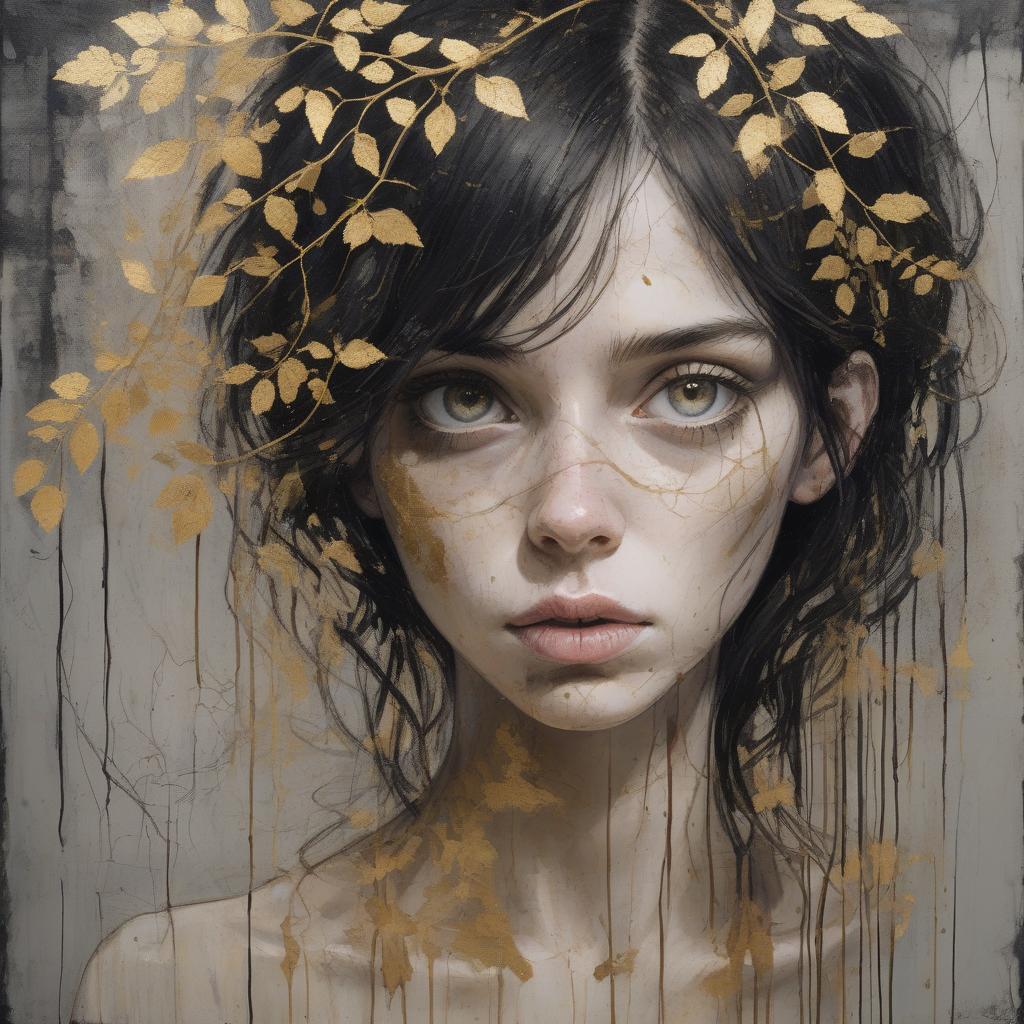  create a textured portrait of a female with pale skin and dark hair, characterized by a mixture of organic and gritty elements, resembling the juxtaposition of beauty and decay. in the foreground, the woman's visage occupies two thirds of the image vertically, offset slightly to the right. she presents a pensive or determined expression, her eyes are dark, and her lips are lightly colored. one eye is partially obscured by delicately crafted golden vines which seem to grow from her skin, adding a touch of elegance to the grungy aesthetic. her hair is loose, dark, and flowing to the left side of the canvas, blending into the chaotic, abstract background. the background itself is a montage of scratches, splatters, and painterly textures in mon