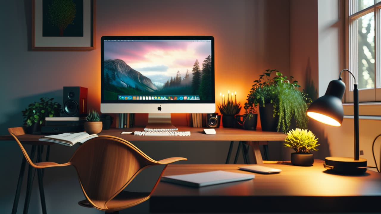  a cozy home office scene featuring a sleek ergonomic desk, comfortable chair, plants, soft lighting, and a laptop with a coffee mug, highlighting an inviting and productive workspace for remote work. hyperrealistic, full body, detailed clothing, highly detailed, cinematic lighting, stunningly beautiful, intricate, sharp focus, f/1. 8, 85mm, (centered image composition), (professionally color graded), ((bright soft diffused light)), volumetric fog, trending on instagram, trending on tumblr, HDR 4K, 8K