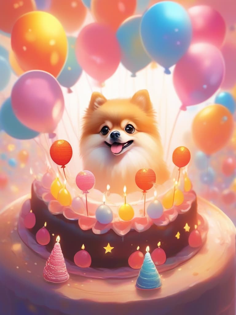  animation style,one animal,笑顔、orange,cute pomeranian,happy birthday,cake🎂,balloons,masterpiece,high quality,8k