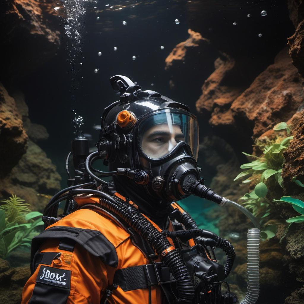  jb name, male, rebreather diver, thick loops, helmet in orange, cave diver, underwater, face view diver, fresh water, shoulder view, jb, cyberpunk style