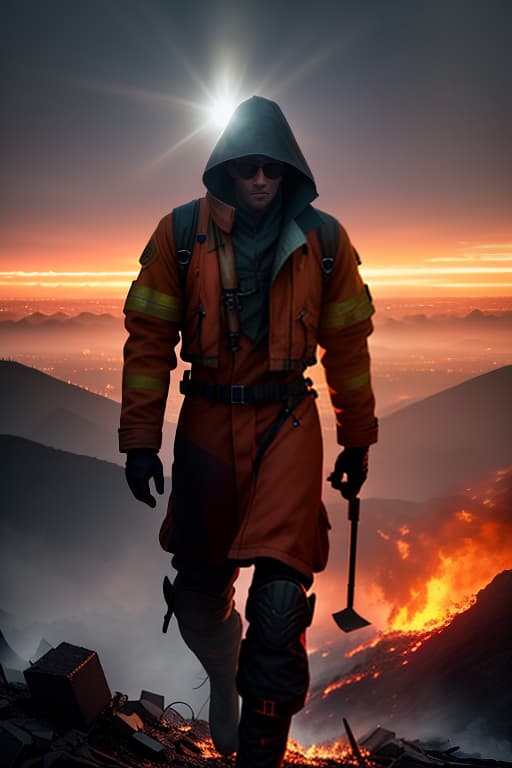  the man is standing on the slope and the city is rebuilt from the ashes; sunset; fire and orange tones, (surrealism), dreamlike , distorted , abstract , symbolic hyperrealistic, full body, detailed clothing, highly detailed, cinematic lighting, stunningly beautiful, intricate, sharp focus, f/1. 8, 85mm, (centered image composition), (professionally color graded), ((bright soft diffused light)), volumetric fog, trending on instagram, trending on tumblr, HDR 4K, 8K