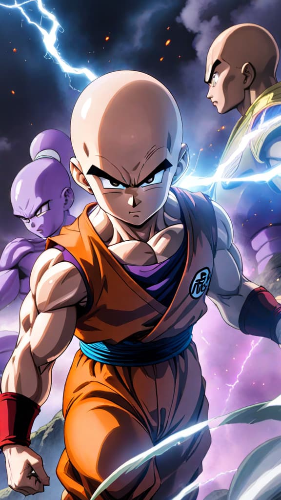  anime art: krillin from dragon ball z delivers the final, decisive blow to a defeated frieza. hyperrealistic, full body, detailed clothing, highly detailed, cinematic lighting, stunningly beautiful, intricate, sharp focus, f/1. 8, 85mm, (centered image composition), (professionally color graded), ((bright soft diffused light)), volumetric fog, trending on instagram, trending on tumblr, HDR 4K, 8K