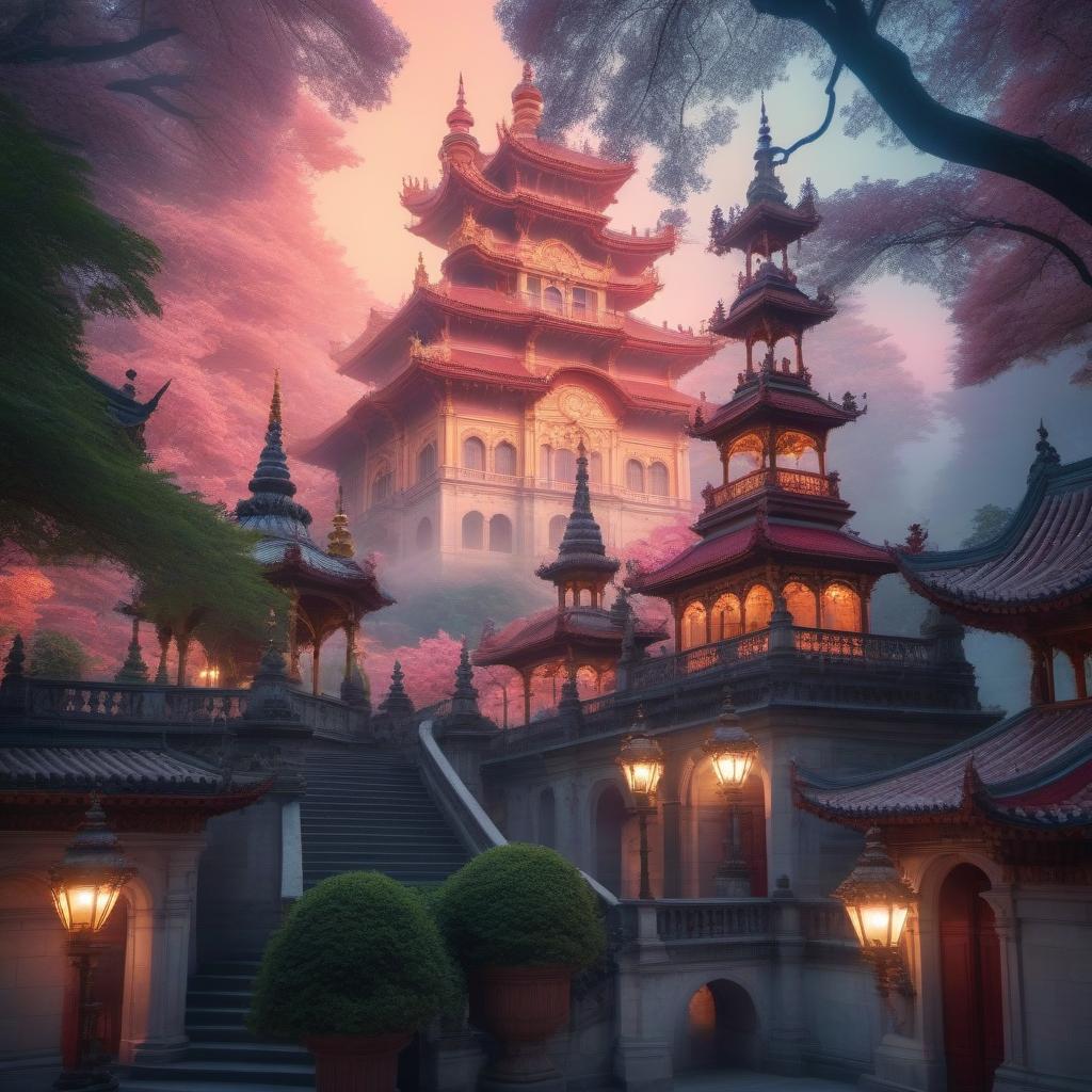  Royal pink marble Palace with red tiled roofs and golden weathervanes, Rococo style hyperrealistic, full body, detailed clothing, highly detailed, cinematic lighting, stunningly beautiful, intricate, sharp focus, f/1. 8, 85mm, (centered image composition), (professionally color graded), ((bright soft diffused light)), volumetric fog, trending on instagram, trending on tumblr, HDR 4K, 8K