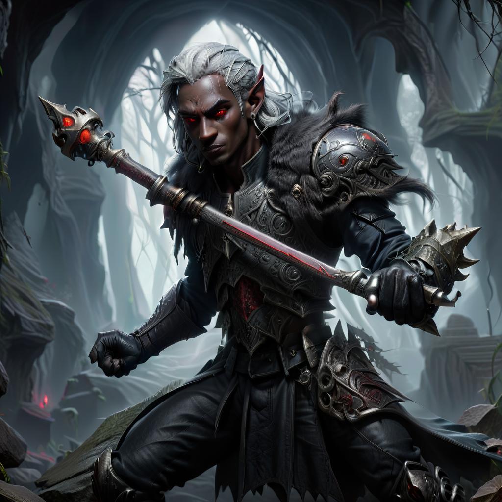  gothic style drow male elf cleric, dark grey color skin, red eyes, silver medium haircut, black leather jacket, iron battle mace, traveler shoulder bag, dark cave temple . dark, mysterious, haunting, dramatic, ornate, detailed, civitai