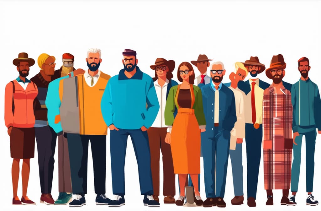  crowd of young and old men and women in trendy hipster clothes. diverse group of stylish people standing together. society or population, social diversity. flat cartoon vector illustration. ar 3:2 {prompt}, maximum details