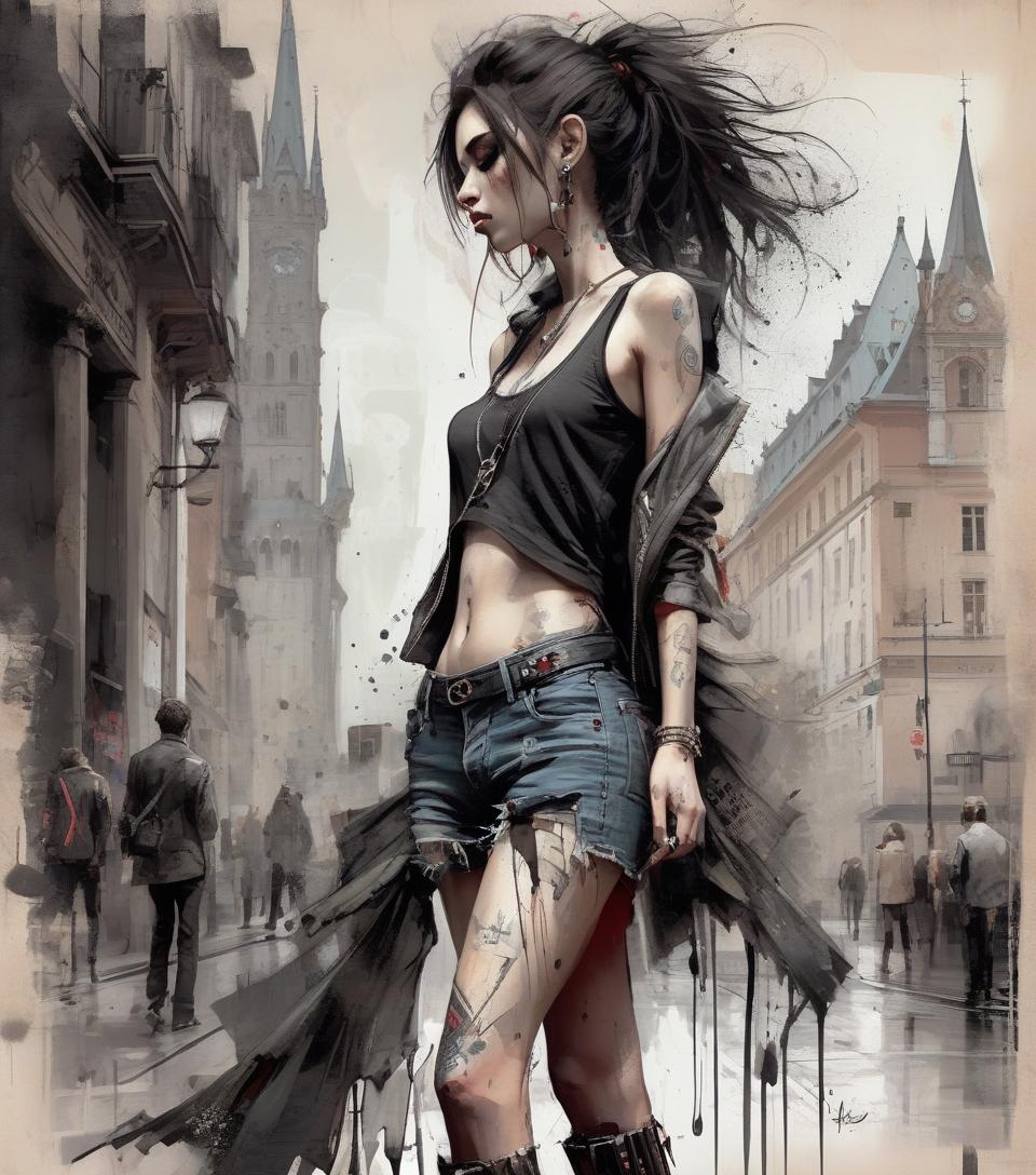  grunge style masterpiece, best quality, only one very beautiful woman wearing fashionable designer clothes in bern, with a landmark, perfect poses, soft colors, flowing brushstrokes, low angle, ink painting in the style of artists like russ mills, sakimichan, wlop, loish, artgerm, darek zabrocki, and jean baptiste monge . textured, distressed, vintage, edgy, punk rock vibe, dirty, noisy