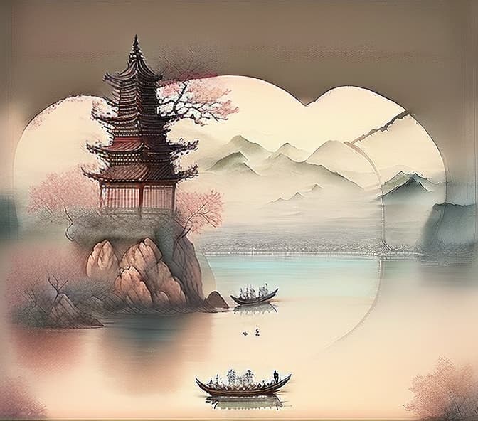  guofeng, chinese landscape painting, chinese architecture, cloud, vision, bridge, no human, mountain, trees, open sky,(long shot:1.7),