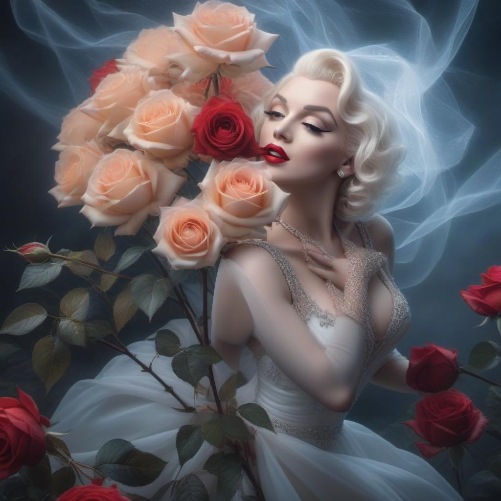  Art by Leonardo da Vinci, Marilyn Monroe in a white dress and holding a rose hyperrealistic, full body, detailed clothing, highly detailed, cinematic lighting, stunningly beautiful, intricate, sharp focus, f/1. 8, 85mm, (centered image composition), (professionally color graded), ((bright soft diffused light)), volumetric fog, trending on instagram, trending on tumblr, HDR 4K, 8K