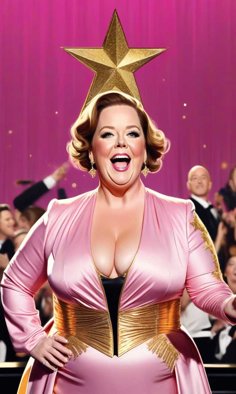  concept art pink, gold, black, white on stage performs bald melissa mccarthy there's a star on her head . digital artwork, illustrative, painterly, matte painting, highly detailed, perfect hands