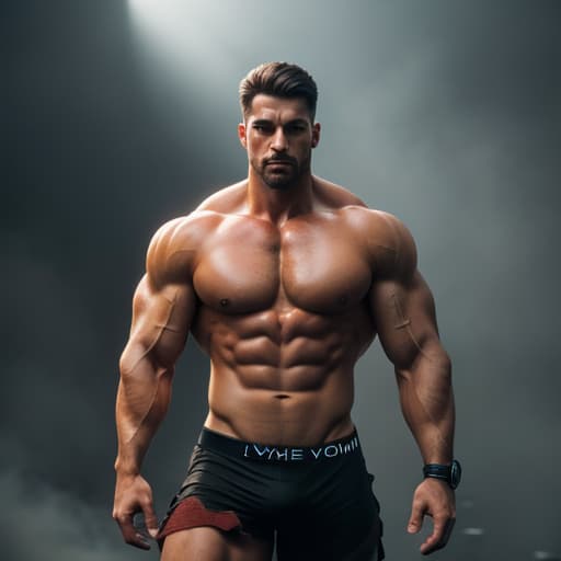  A muscled man is showing his entire body while he stands alone hyperrealistic, full body, detailed clothing, highly detailed, cinematic lighting, stunningly beautiful, intricate, sharp focus, f/1. 8, 85mm, (centered image composition), (professionally color graded), ((bright soft diffused light)), volumetric fog, trending on instagram, trending on tumblr, HDR 4K, 8K