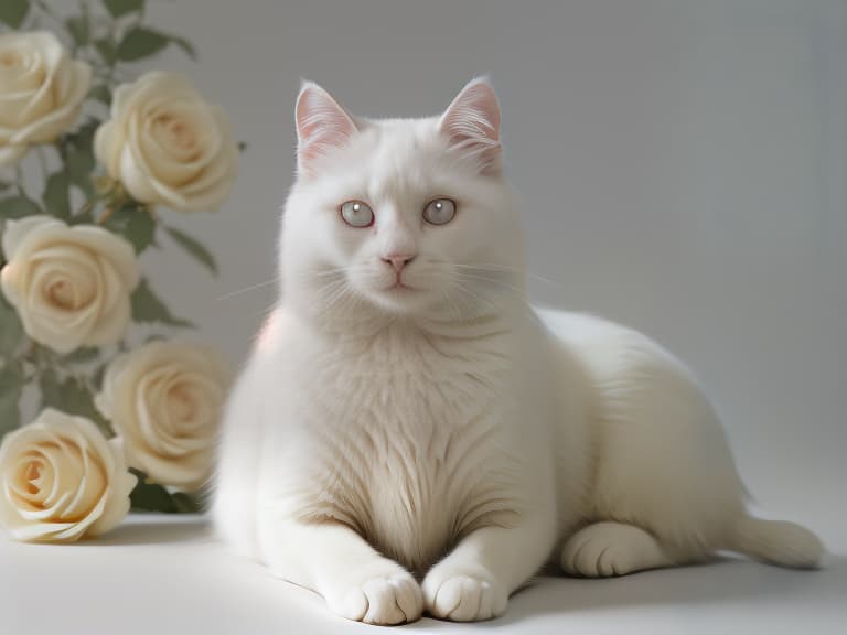  beautiful fluffy white cat smiles and holds roses in his paws on a white background, photorealistic, hyperrealistic, hyperdetailed, analog style, hip cocked, demure, low cut, black lace, detailed skin, matte skin, soft lighting, subsurface scattering, realistic, heavy shadow, masterpiece, best quality, ultra realistic, 8k, golden ratio, intricate, high detail, film photography, soft focus