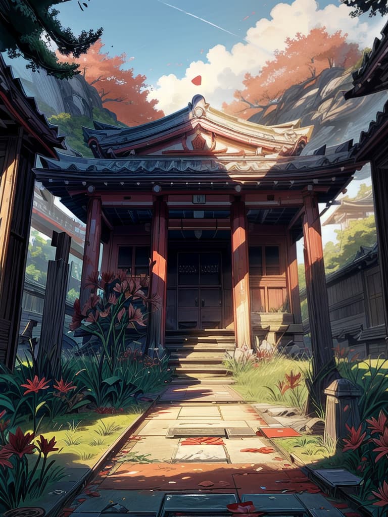  A big abandoned shrine with red flower lilies along the path. I want it to be nighttime, bloodstainai, horror, fear