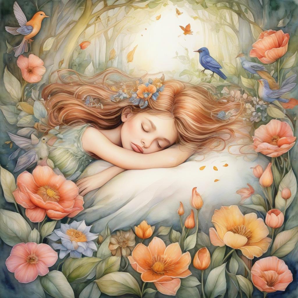  fairy tale (watercolor: 1.4) a girl sleeps inside a flower. fabulous flowers, magical forest, unusual birds, zorina baldescu style . magical, fantastical, enchanting, storybook style, highly detailed, hkmagic