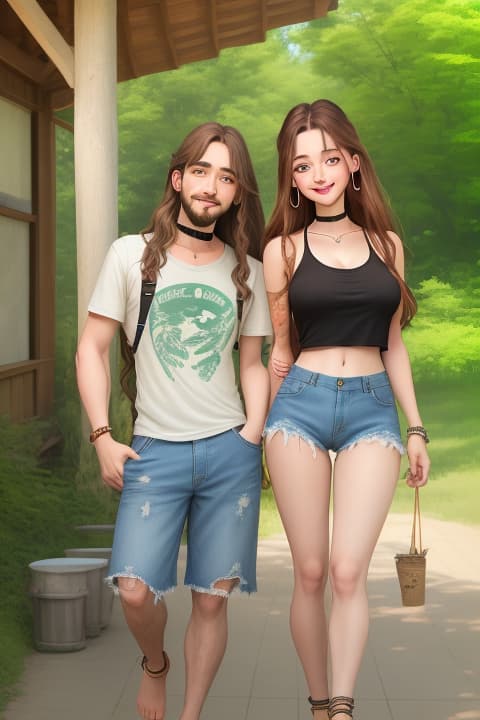  a vint digital painting of a young couple in an outdoor setting. the girl, with long brown hair, is wearing a denim and a casual shirt, lifting her slightly while standing on one leg, showcasing her bare feet and anklet. she is smiling, adorned with jewelry including earrings and a choker. the , sporting facial hair and dressed in torn jeans, has a relaxed posture with his hands in his pockets. both are wearing sungles, enjoying a sunny day on lush green gr. the atmosphere is light hearted and , with hints of korean text artistically integrated into the background, encapsulating a joyful, hetero vibe of youthful freedom.