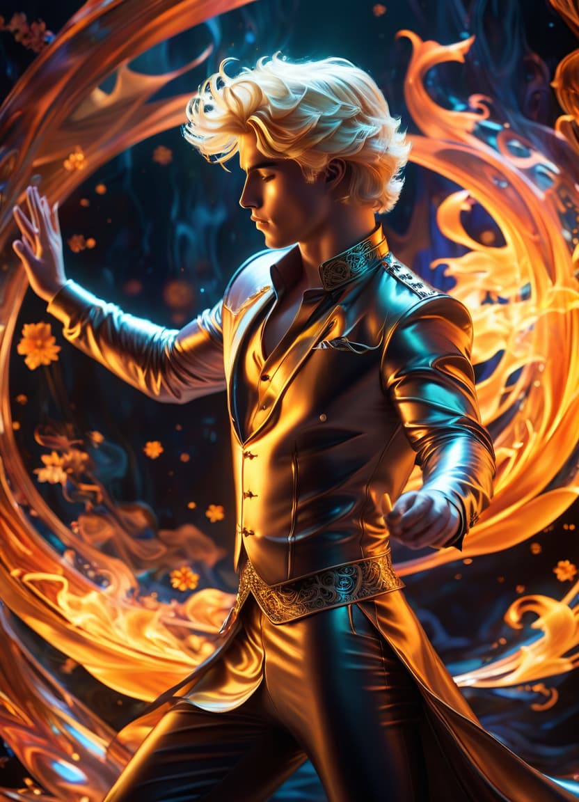  art nouveau style a young blond man dancer is dancing in the flame of liquid glass. . elegant, decorative, curvilinear forms, nature inspired, ornate, detailed, glowneon, hkmagic