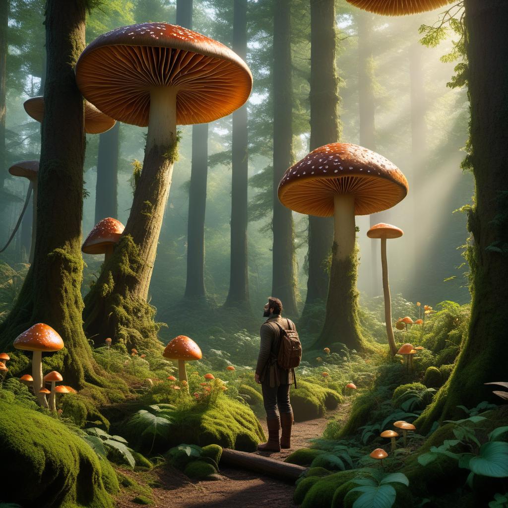  A realistic scene featuring a forest giant and a small man in a magical forest setting. The forest giant is towering and imposing, with detailed features and a lifelike appearance that includes weathered skin, moss, and vines. The small man, dressed in rustic clothing, stands nearby looking up in awe and wonder. The forest is lush with tall, ancient trees, vibrant flowers, and luminescent mushrooms. The air has a mystical quality, with beams of sunlight filtering through the canopy and casting a magical glow. The overall scene blends realism with a touch of fantasy, making the interaction between the giant and the man feel lifelike and captivating. hyperrealistic, full body, detailed clothing, highly detailed, cinematic lighting, stunningly beautiful, intricate, sharp focus, f/1. 8, 85mm, (centered image composition), (professionally color graded), ((bright soft diffused light)), volumetric fog, trending on instagram, trending on tumblr, HDR 4K, 8K