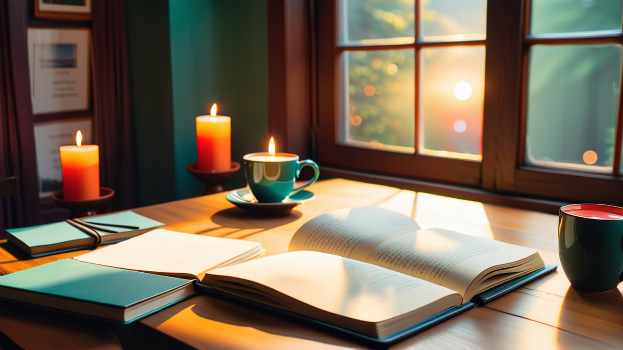  a serene desk with a glowing candle, a notebook filled with handwritten goals, a cup of tea, and a vision board adorned with inspiring images and quotes, surrounded by soft natural light filtering through a window. hyperrealistic, full body, detailed clothing, highly detailed, cinematic lighting, stunningly beautiful, intricate, sharp focus, f/1. 8, 85mm, (centered image composition), (professionally color graded), ((bright soft diffused light)), volumetric fog, trending on instagram, trending on tumblr, HDR 4K, 8K