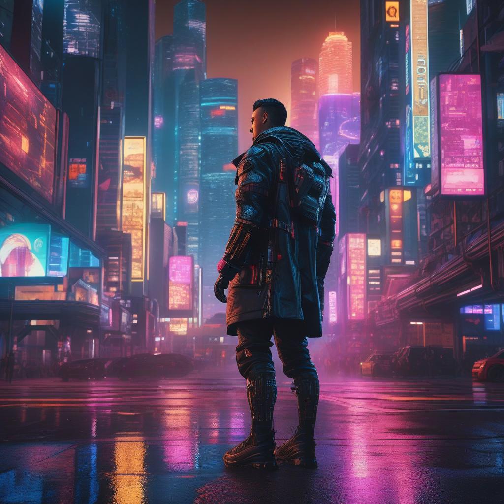  masterpiece, best quality, masterpiece, 8k resolution, realistic, highly detailed, superhuman close-up. He stands on a street lined with tall buildings in a cyberpunk style city at night. The city's night lights are bright, and the surrounding buildings and streets are full of cyberpunk elements such as neon lights, high-tech equipment and futuristic architectural design.