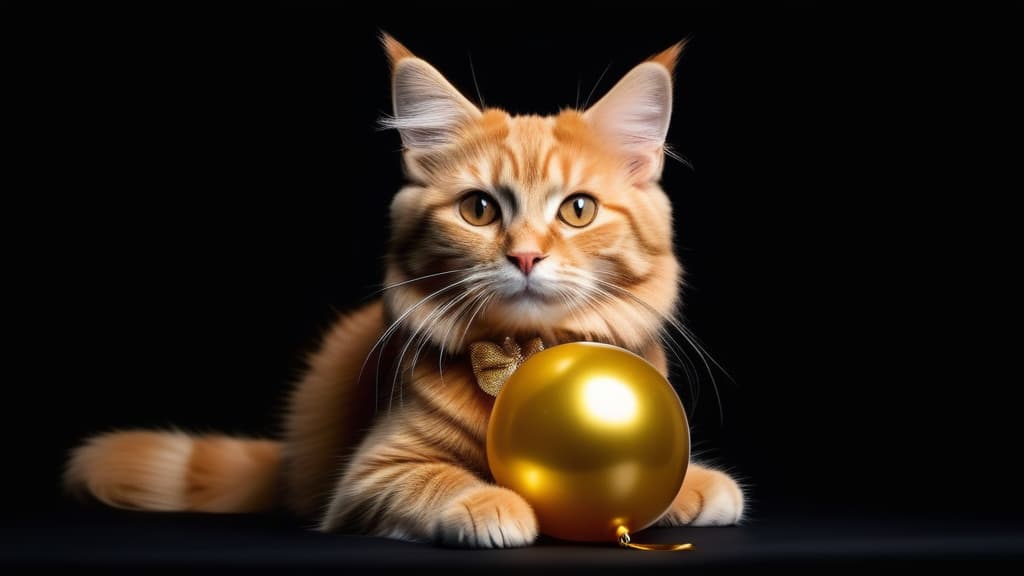  Christmas cat. Cat with gold foil balloons and golden stars. Red kitten on a Christmas festive black background. ar 16:9 high quality, detailed intricate insanely detailed, flattering light, RAW photo, photography, photorealistic, ultra detailed, depth of field, 8k resolution , detailed background, f1.4, sharpened focus