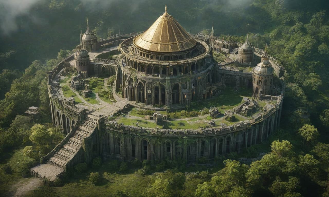  ethereal fantasy concept art of an image of elven fantasy fortress similar to warhammer total war game, shape and form of the building is circular and symmetrical with multiple levels or tiers, the building has a prominent, broad base with steps leading up to the main entrance, the structure of the building is topped with a large, curved dome like roof that extends outwards, the building features earthy tones, primarily hues of green, brown, and gold, the roof and some architectural details are painted in a deep green color, the walls are in a mix of brown and gold, giving the structure a majestic appearance, the facade includes several arches and columns, adding a classical touch to the design, statues of robed figures (presumably jedi) a hyperrealistic, full body, detailed clothing, highly detailed, cinematic lighting, stunningly beautiful, intricate, sharp focus, f/1. 8, 85mm, (centered image composition), (professionally color graded), ((bright soft diffused light)), volumetric fog, trending on instagram, trending on tumblr, HDR 4K, 8K