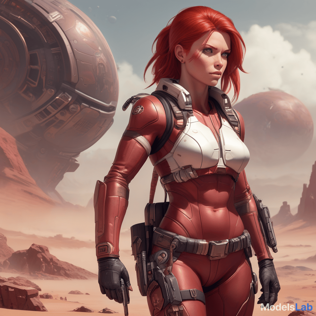  draw a full length female character, athletic build, red hair, the character lives on a distant colonized planet, specialization mercenary