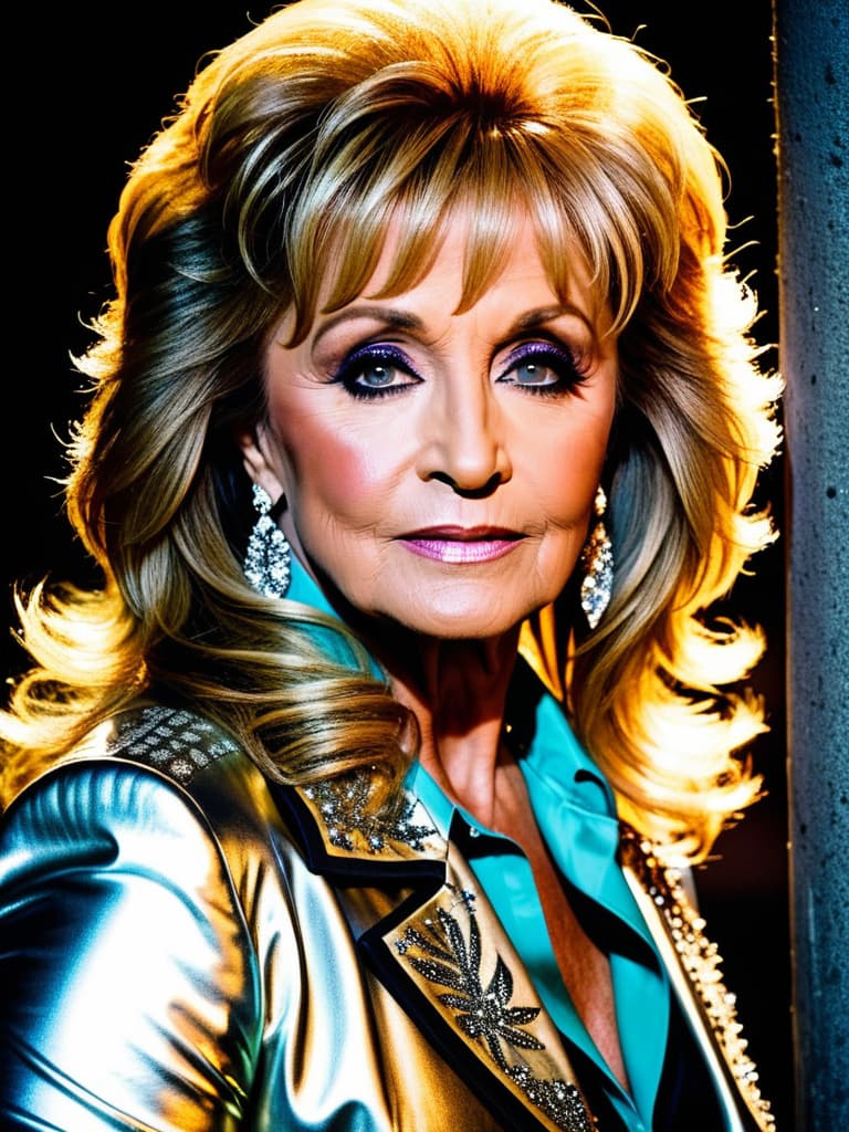  Country singer Barbara Mandrell, medium shot, upper body, spotlight, long exposure lighting, street art style spray paint, glamour lighting