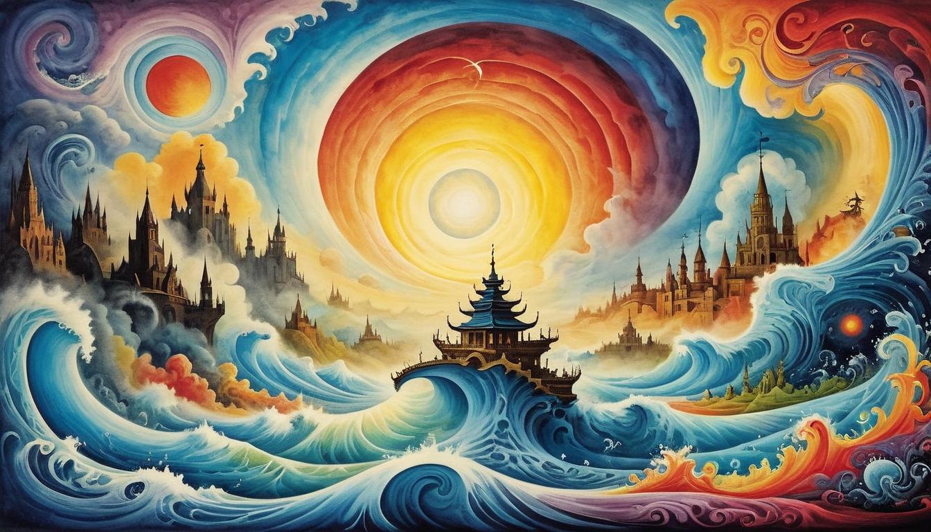  on parchment, surrealism+++, a ripple effect radiating from a central point, energy waves distorting the air, vivid colors blending, dynamic and mesmerizing(mysterious, provocative, symbolic,muted color)+++