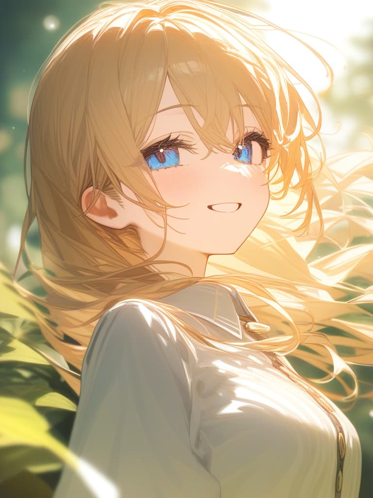  blond, blue eyes, smiling, white clothes, background is green, masterpiece, best quality,8k,ultra detailed,high resolution,an extremely delicate and beautiful,hyper detail