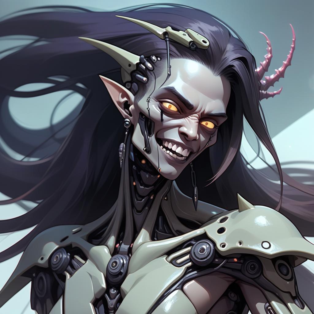  a close up of a person with long hair, cyborg necromancer, huge spikey teeth, artwork in the style of guweiz, cyborg hindu godbody, ( ( ( alien ) ) ), [ scifi, panel of black, hyacinthe rigaurd, djinn, automaton, korean artist, interconnected human lifeforms, by bian shoumin