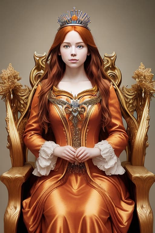  Portrait of a beautiful auburn - haired woman with a guilded crown sitting on a throne with heightened detail