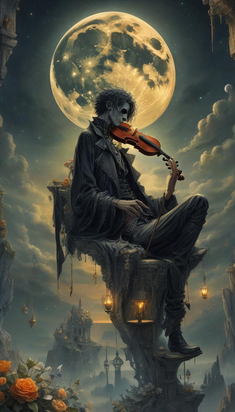  (masterpiece, very very beautiful art:1.3), artstation contest winner, (vanitas:1.2), sitting on top of a cliff, (intricate violin:1.1), playing a melancholic tune under the light of the moon, (progressive rock album cover:1.2), inspired by the aesthetic of progressive rock music, (from the sandman netflix show:1.1), capturing the essence of the show's atmospheric and emotive vibe, (very very beautiful art:1.1), high quality and aesthetically pleasing, intricate details, vibrant colors, dynamic angle, looking at viewer, extreme close up, mid note.