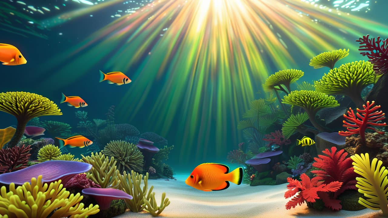  a serene aquarium scene filled with vibrant tropical fish swimming among lush aquatic plants, colorful coral formations, and decorative pebbles, softly illuminated by gentle, filtered light creating a tranquil underwater atmosphere. hyperrealistic, full body, detailed clothing, highly detailed, cinematic lighting, stunningly beautiful, intricate, sharp focus, f/1. 8, 85mm, (centered image composition), (professionally color graded), ((bright soft diffused light)), volumetric fog, trending on instagram, trending on tumblr, HDR 4K, 8K