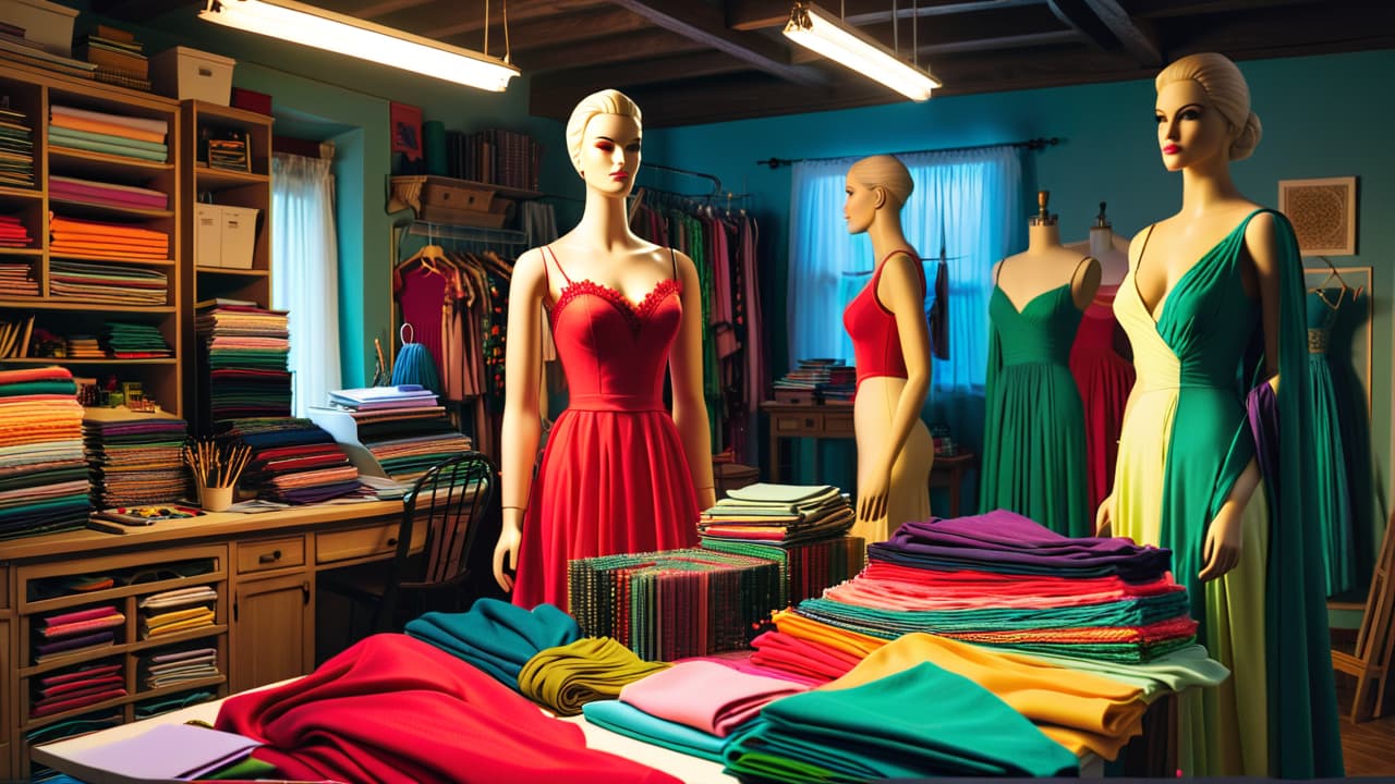  a vibrant costume designer's workspace filled with colorful fabrics, sketches, sewing tools, and mannequins wearing elaborate costumes, showcasing the creative process and attention to detail in costume making. hyperrealistic, full body, detailed clothing, highly detailed, cinematic lighting, stunningly beautiful, intricate, sharp focus, f/1. 8, 85mm, (centered image composition), (professionally color graded), ((bright soft diffused light)), volumetric fog, trending on instagram, trending on tumblr, HDR 4K, 8K