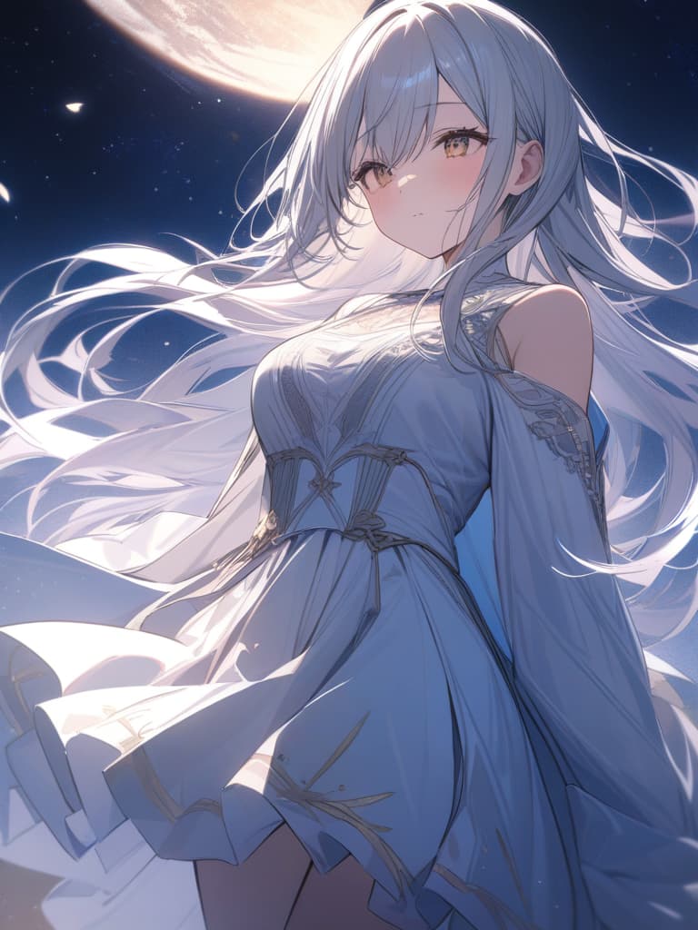  looking at the starry sky, a girl, wearing a white dress, cute, beautiful, fleeting, masterpiece, best quality,8k,ultra detailed,high resolution,an extremely delicate and beautiful,hyper detail