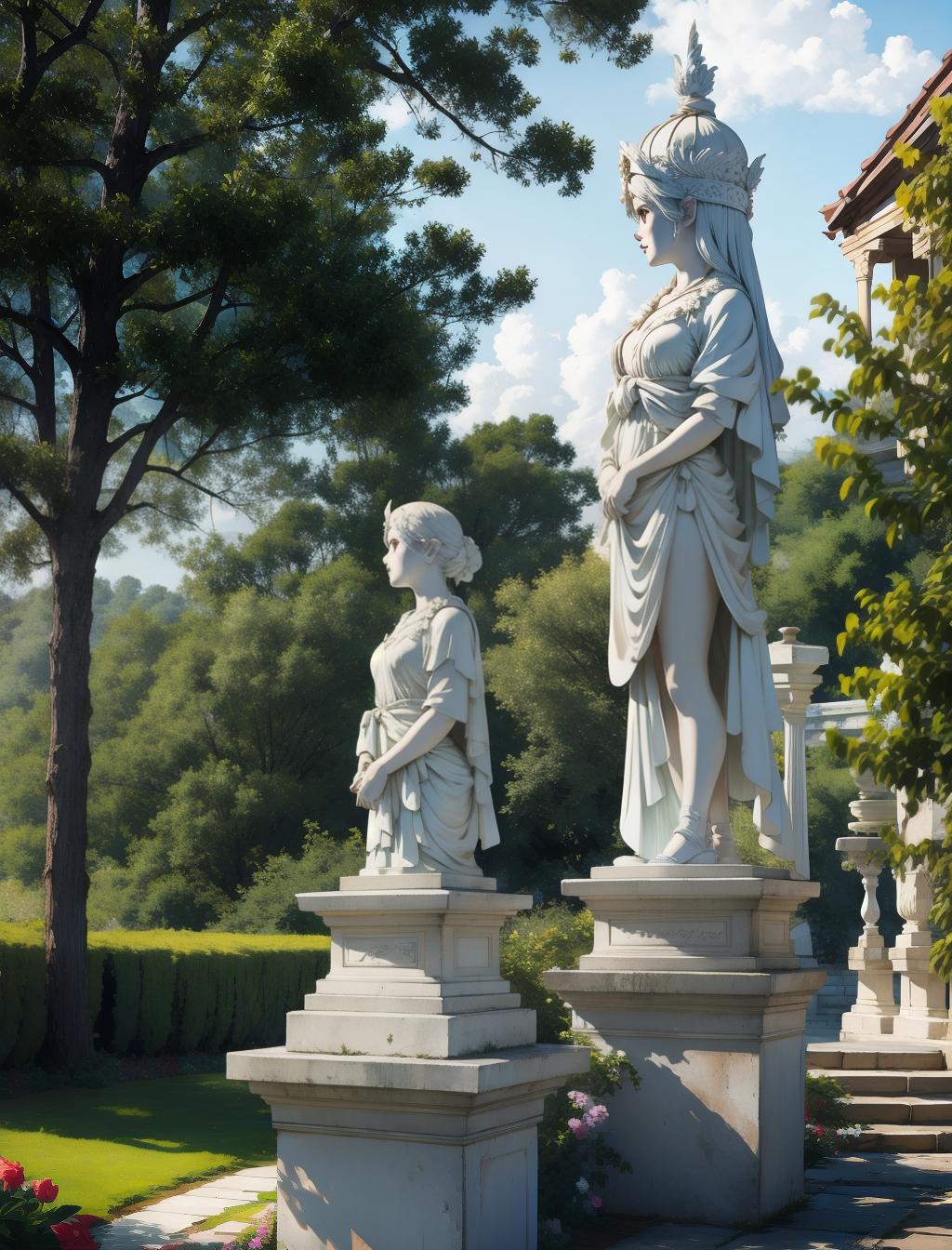  white concrete statue of woman in beautiful botanical garden