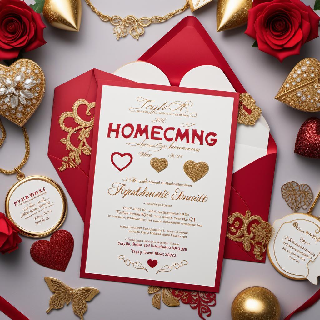  A Taylor Swift-themed homecoming invite poster board from Paxton to Faith, designed with enhanced creativity. Incorporate stylish and elegant elements inspired by Taylor Swift's aesthetic, using a mix of red, gold, and Faith's favorite colors. Add handwritten notes from Paxton, small photos of memorable moments between Paxton and Faith, and favorite Taylor Swift lyrics. Include interactive features like pull tabs and flaps that reveal hidden messages and photos. Use 3D foam elements to highlight key parts of the design, like a heart shape or Taylor's signature. Scatter icons and doodles related to Taylor Swift's albums around the board. Add a faux concert ticket styled invite to "Homecoming 2023". Decorate with glitter, fairy lights, and ot hyperrealistic, full body, detailed clothing, highly detailed, cinematic lighting, stunningly beautiful, intricate, sharp focus, f/1. 8, 85mm, (centered image composition), (professionally color graded), ((bright soft diffused light)), volumetric fog, trending on instagram, trending on tumblr, HDR 4K, 8K