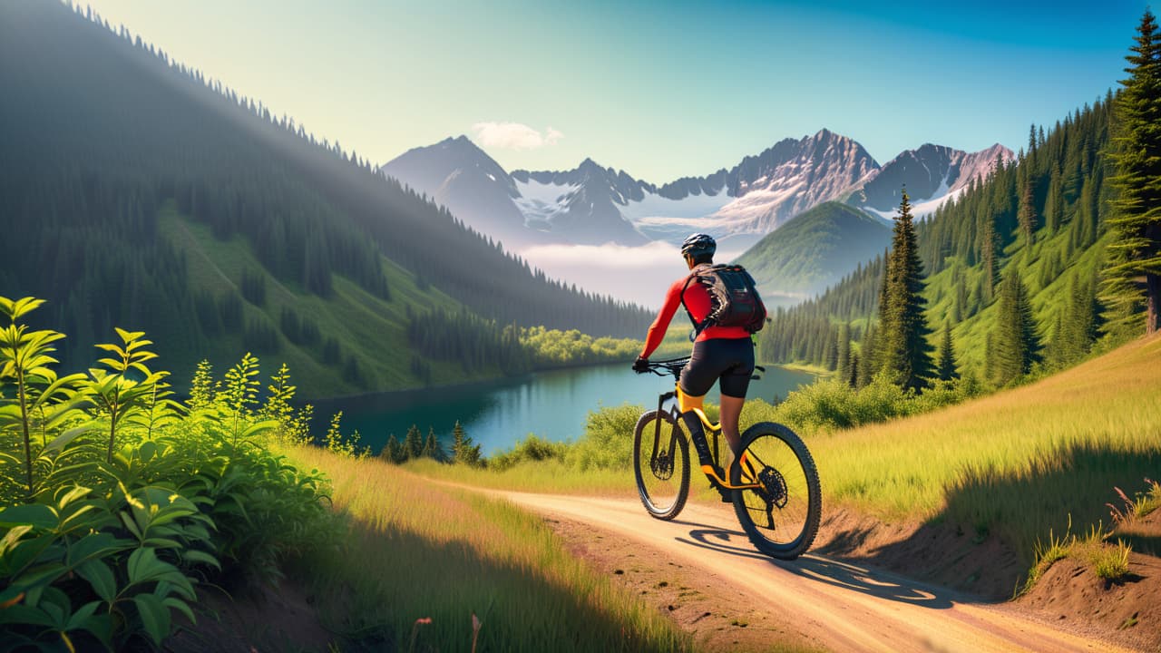  a vibrant scene of a mountain biker navigating a rugged trail, surrounded by lush greenery and towering mountains, contrasted with a serene path featuring a jogger by a calm lake, capturing the essence of outdoor exercise. hyperrealistic, full body, detailed clothing, highly detailed, cinematic lighting, stunningly beautiful, intricate, sharp focus, f/1. 8, 85mm, (centered image composition), (professionally color graded), ((bright soft diffused light)), volumetric fog, trending on instagram, trending on tumblr, HDR 4K, 8K