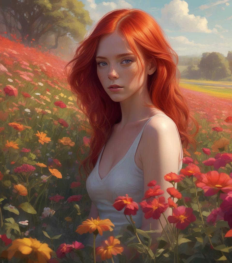  concept art painting &quot;woman with red hair in a flower field&quot;, gorgeous digital painting, beautiful digital painting, galen dara, redhead woman, stunning digital painting, inspired by vincent lefevre, rhads and lois van baarle, digital oil painting, author: mads mountain, digital oil painting, portrait of a red haired girl, by igor grabar . digital artwork, illustrative, painterly, matte painting, highly detailed