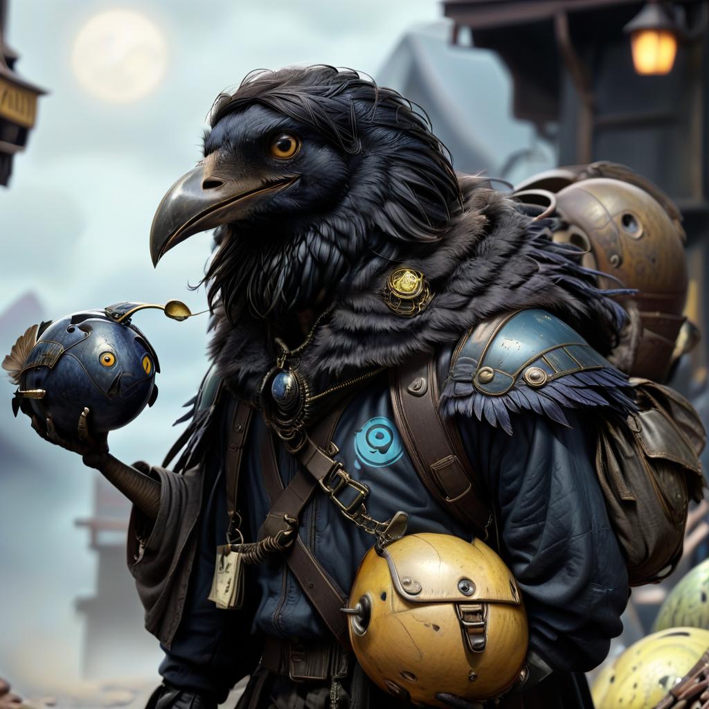  dystopian style black with blue tint avian humanoid race with raven head alchemist, cape, mischievous yellow eyes, smiling, rags and leather cloak with lots of pockets, big backpack with pockets, black bowling ball in hand . bleak, post apocalyptic, somber, dramatic, highly detailed, civitai