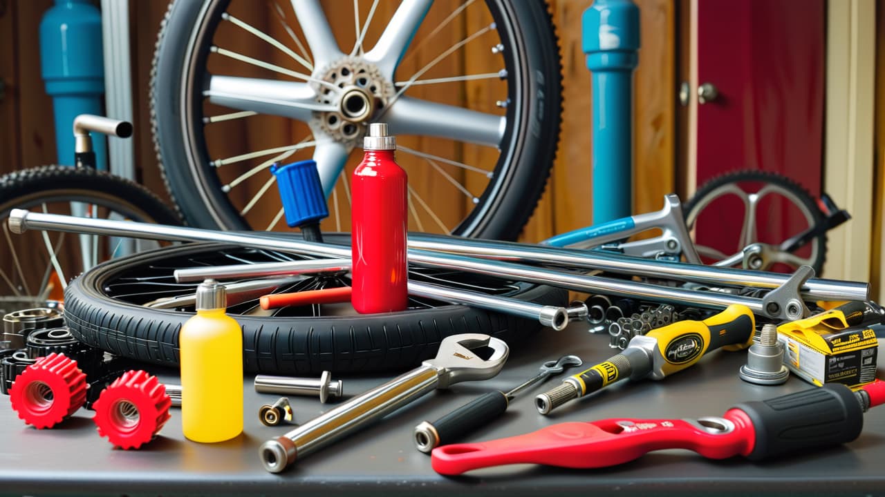  a close up of a bicycle repair stand with assorted tools scattered around: wrenches, tire levers, and a lubricant bottle. a bike wheel is partially disassembled, showcasing gears and spokes, set against a well lit garage backdrop. hyperrealistic, full body, detailed clothing, highly detailed, cinematic lighting, stunningly beautiful, intricate, sharp focus, f/1. 8, 85mm, (centered image composition), (professionally color graded), ((bright soft diffused light)), volumetric fog, trending on instagram, trending on tumblr, HDR 4K, 8K