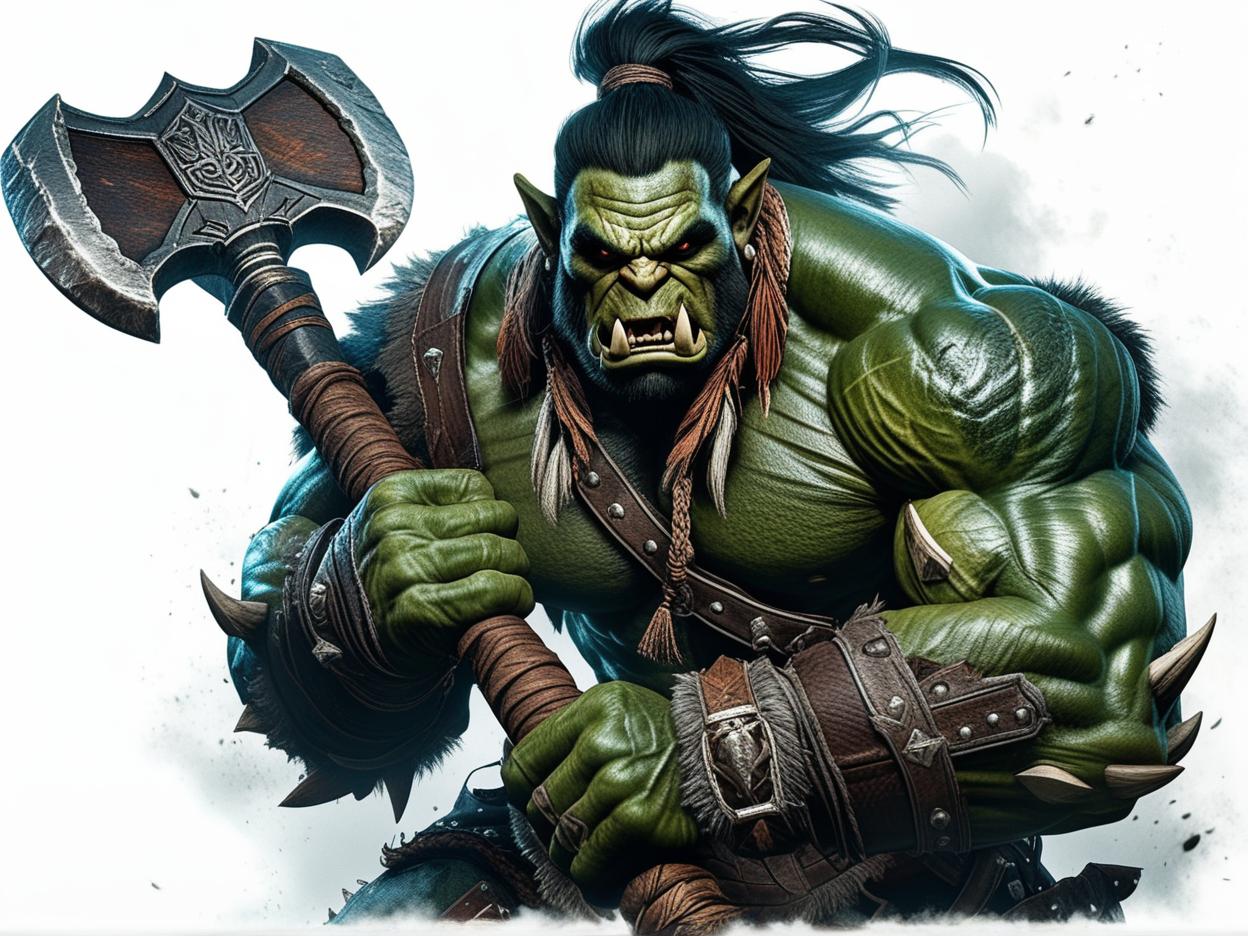  best quality, hd, a muscular green skinned battle scarred orc barbarian with is wielding a great axe; dark ambience hyperrealistic, full body, detailed clothing, highly detailed, cinematic lighting, stunningly beautiful, intricate, sharp focus, f/1. 8, 85mm, (centered image composition), (professionally color graded), ((bright soft diffused light)), volumetric fog, trending on instagram, trending on tumblr, HDR 4K, 8K